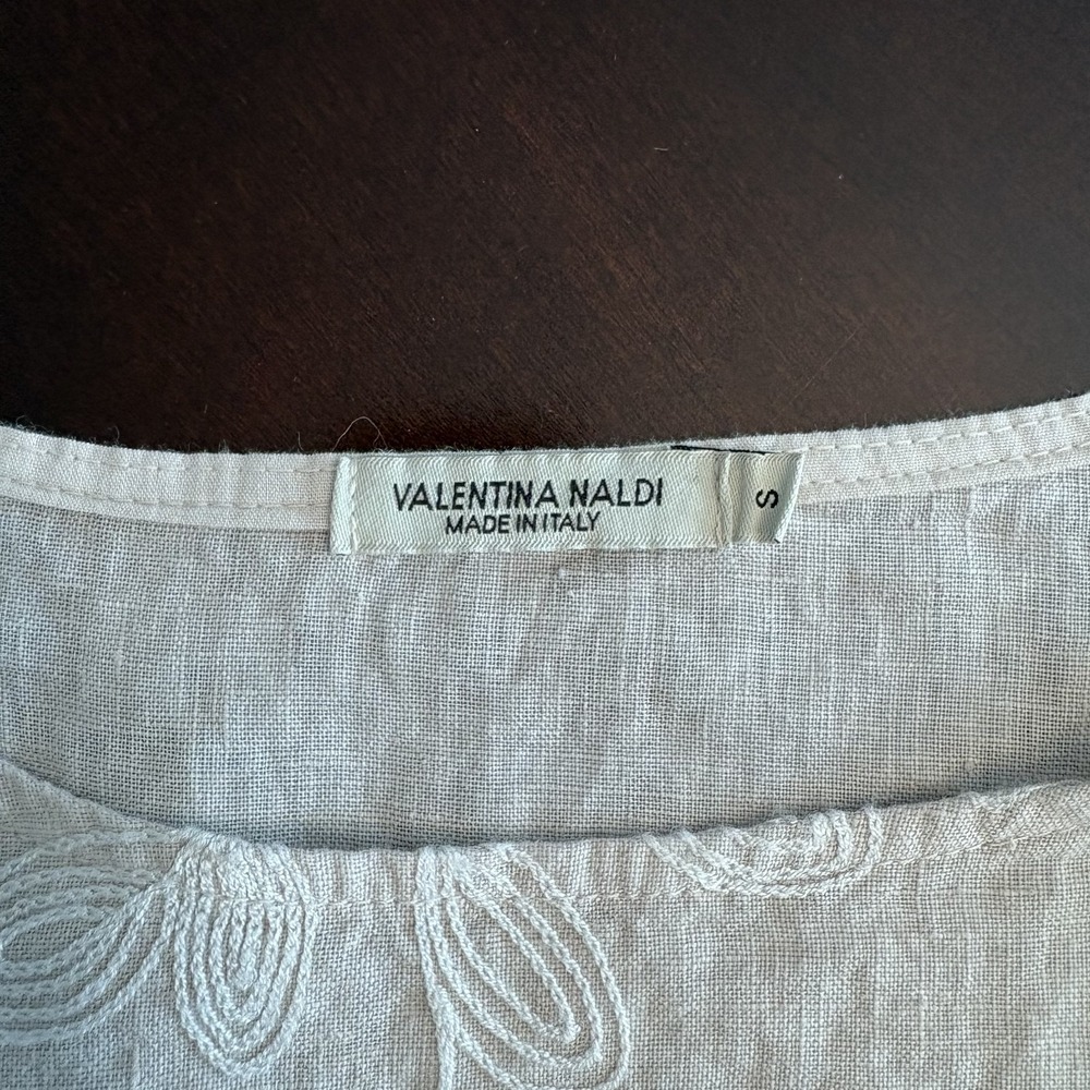 100% Linen Floral Embroidered Flutter Sleeve Top Beige S Lagenlook Artsy Coastal - Picture 3 of 9